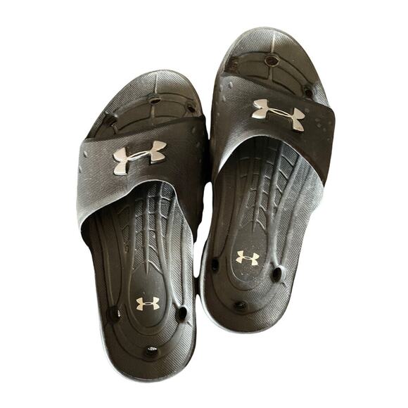 Under Armour Other - Under Armour Flat Slides Sandals Unisex Black with White UA Logo Size 7M/8W
